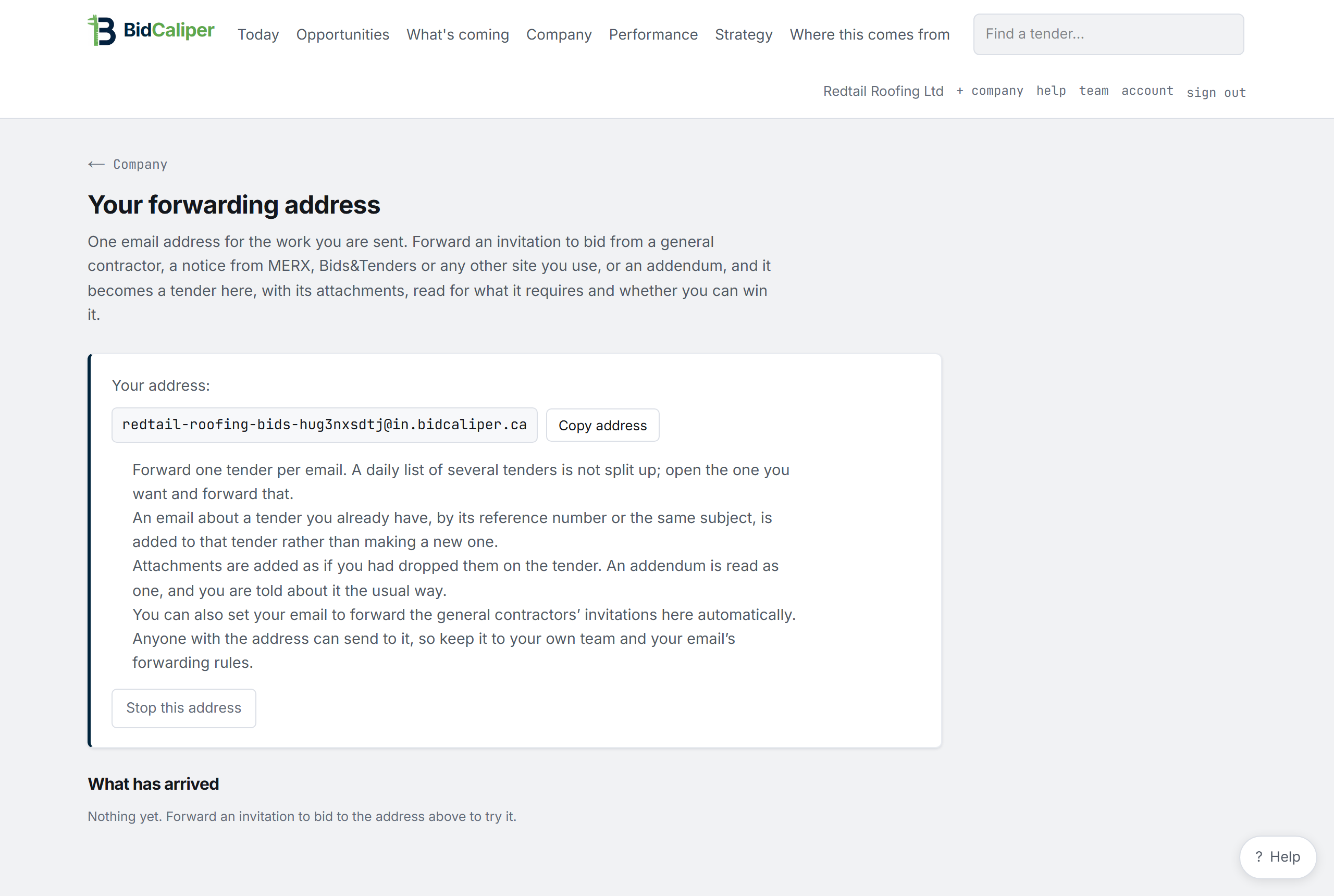 Your company's forwarding address, and what has arrived at it.
